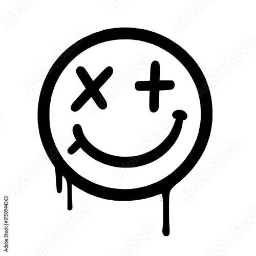 Black graffiti smiley face icon with drip effect
