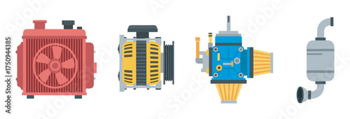 Colorful illustrations of mechanical engine parts, including a red fan, yellow compressor, blue intake, and a gray exhaust component.