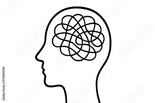 Tangled mind outline illustration with complex thoughts
