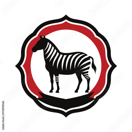 Stylized Zebra Emblem with Red and Black Border Keywords: zebra, animal, emblem, logo, icon