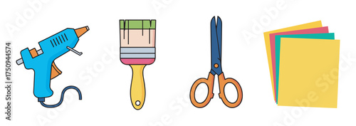 Colorful set of crafting tools including a blue glue gun, a multicolored paintbrush, orange-handled scissors, and stacked sheets of colorful paper.