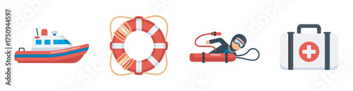 Colorful icons depicting a rescue boat, a life preserver, a diver with equipment, and a first aid kit, representing emergency preparedness and safety.