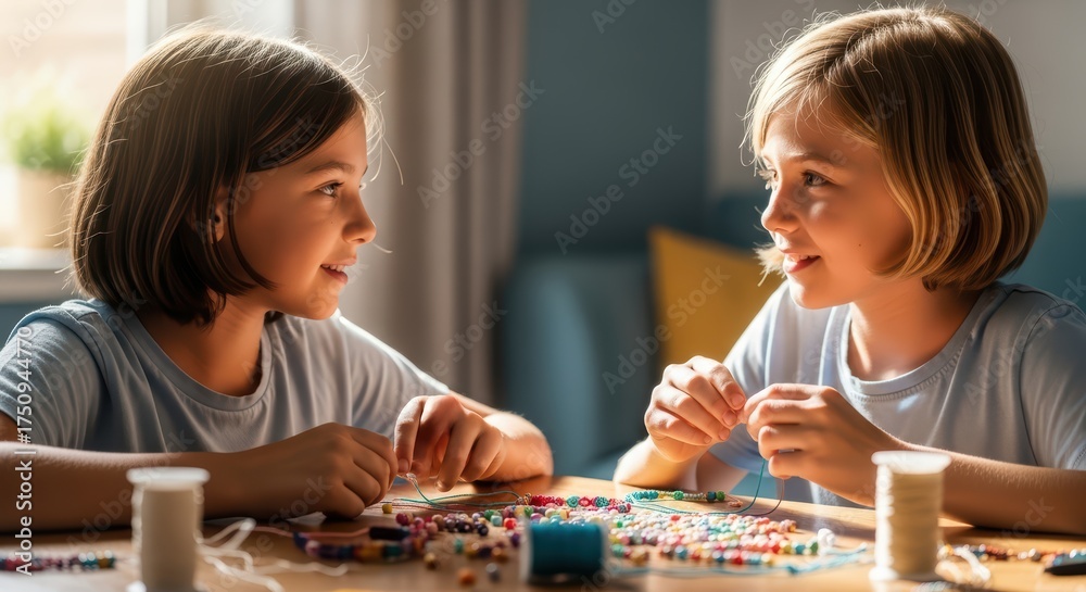 Fototapeta premium Two caucasian young girls crafting colorful beaded jewelry together with joy