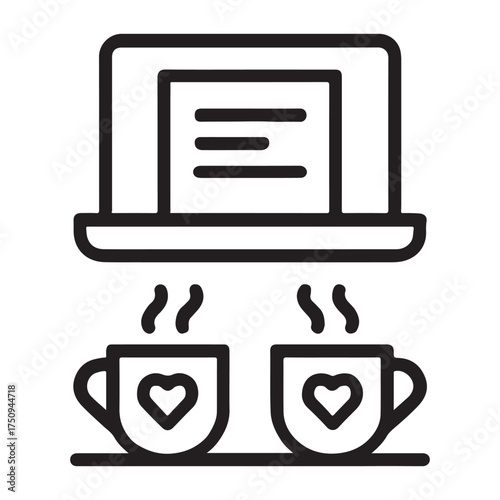Laptop with two steaming coffee cups featuring heart designs