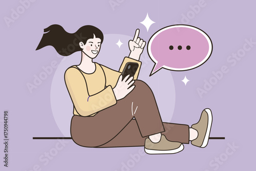 A happy young woman is sitting and chatting on her smartphone. This online communication concept with a speech bubble represents social media, messaging apps, and networking.