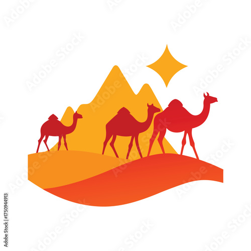 Three red camels walking across desert dunes under a yellow star