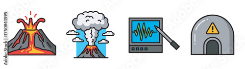 Colorful icons depicting an erupting volcano, a smoking volcano with clouds, a seismic monitor with a waveform, and a protective bunker with a warning sign.