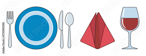 Dining table setting with a blue plate, fork, knife, spoon, folded red napkin, and wine glass.