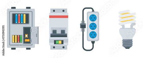 Set of electrical devices and components including a fuse box, circuit breaker, power strip with sockets, and energy-saving light bulb.