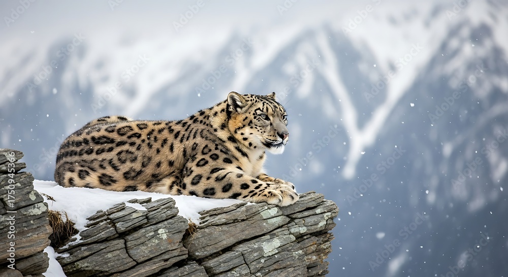 Obraz premium Snow Leopard Perched on a Rocky Cliff Overlooking Mountains.