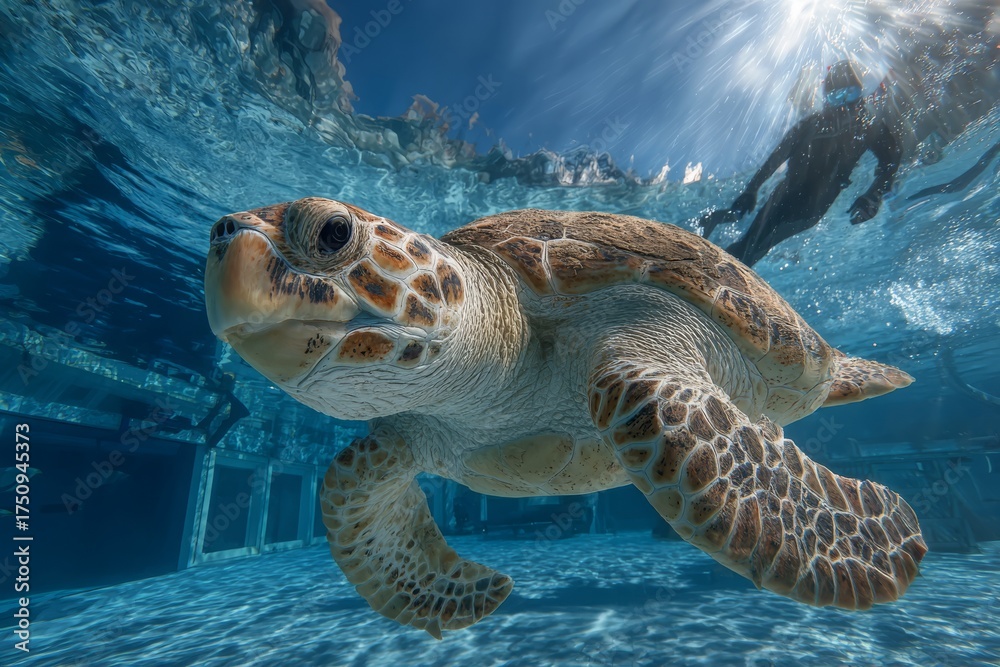 Fototapeta premium A majestic sea turtle swims gracefully through clear blue tropical waters.
