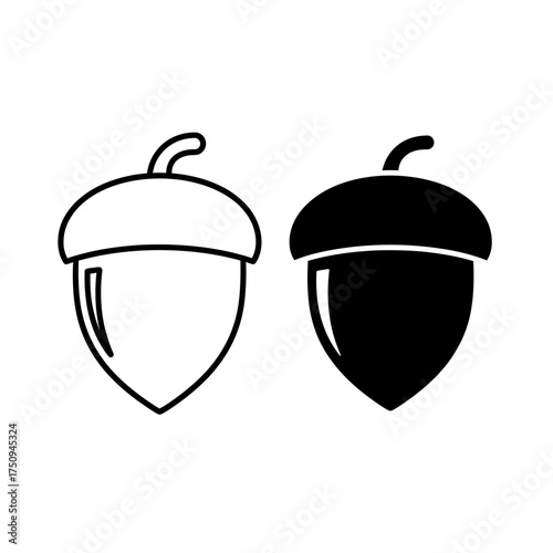 Acorn Nut Outline and Solid Icon Set for Autumn and Nature