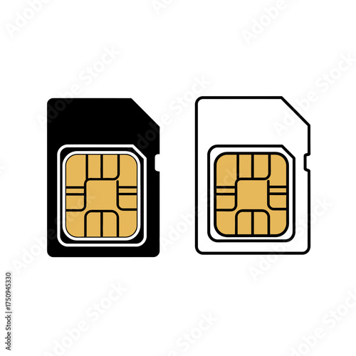 SIM Card Icon Black and White Set for Mobile Telecommunications