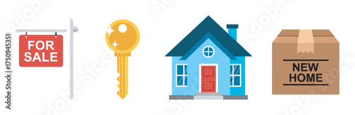 Illustration depicting a sequence of home-buying elements: a "for sale" sign, a golden key with a hole, a blue house with a red door, and a cardboard box labeled "new home.