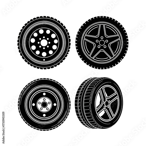 Car Tire and Wheel Set Vector Icons