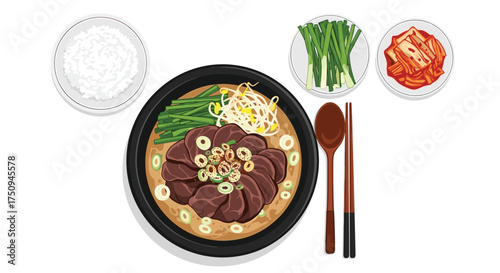 A delicious Korean blood sausage soup with rice kimchi and vegetables.
