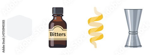 Brown bitters bottle alongside a yellow citrus twist and a metallic cocktail jigger for mixology essentials.