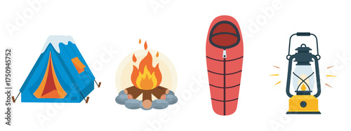 Colorful illustrated camping gear set including a blue tent, a campfire, a red sleeping bag, and a yellow lantern.