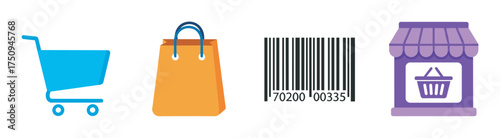 Blue shopping cart icon, orange shopping bag, barcode, and purple storefront with a shopping basket graphic.