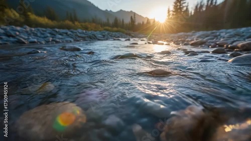 Serene Mountain Stream at Golden Hour with Sunburst Through Pine Forest and Rocky Riverbed
