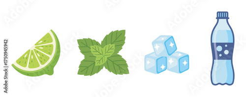 Illustration of lime slice, fresh mint leaves, ice cubes, and a bottle of water, representing refreshing drink ingredients.