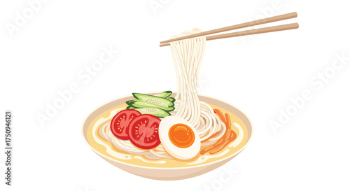 A delicious bowl of cold noodles with egg and vegetables is being lifted by chopsticks.