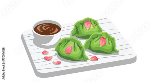 Delicate green dumplings with a hint of floral essence served with dipping sauce.