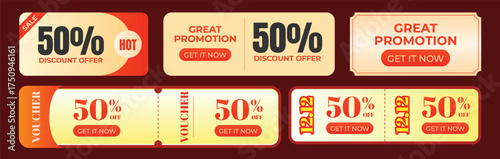 Discount promotion banners with coins 50 off and 12.12 sale percent off offers