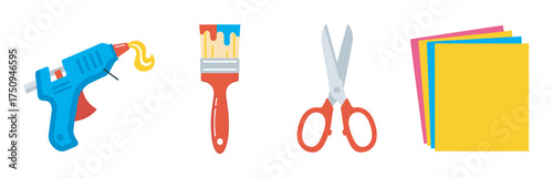 Set of colorful crafting tools including a glue gun with glue stick, paintbrush with dripping paint, scissors, and four stacked sheets of colored paper.