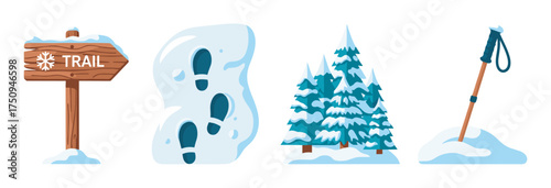 Wooden trail sign, snow-covered footprints, snow-draped evergreen trees, and a hiking pole partially buried in snow, depicting a winter hiking scene.