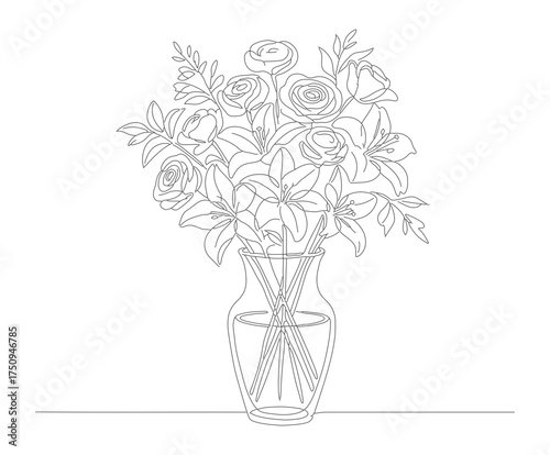 Detailed Line Art Flower Arrangement in Glass Vase Still Life