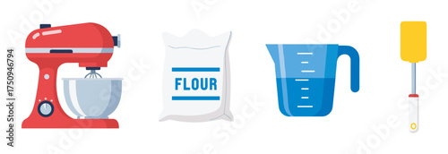 Red kitchen stand mixer with a stainless steel bowl, a bag of flour, a blue measuring pitcher, and a yellow silicone spatula arranged in a row.