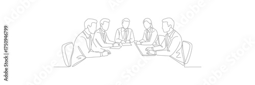 Minimalist Outline Group People Meeting Sitting Table Illustration Design