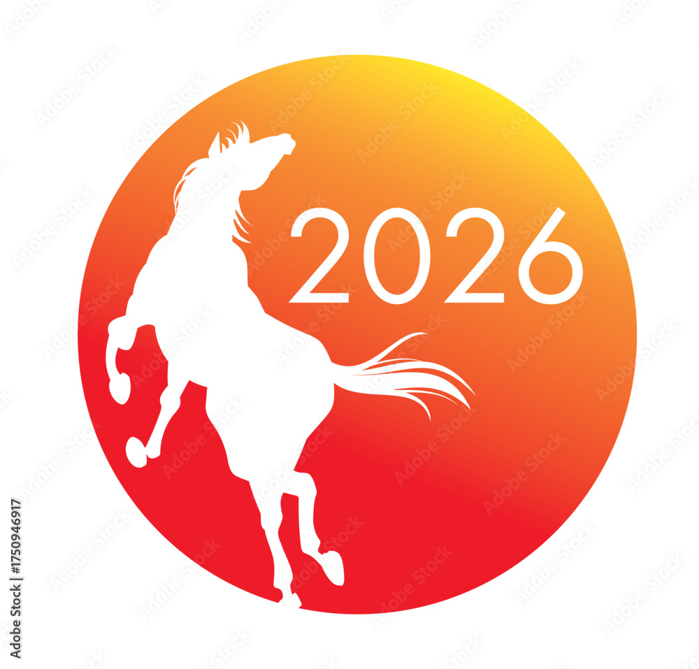 Obraz premium 2026年、新年のイメージビジュアル、跳ねる馬のシルエット、年賀素材
