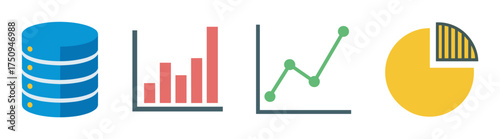Colorful flat icons representing a blue database, red bar chart, green line graph, and yellow pie chart for data analysis and presentation.