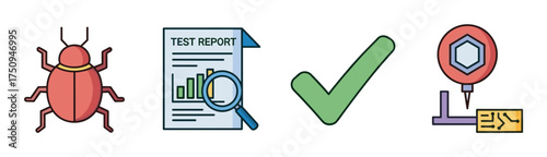 Colorful icons depicting a red bug, a test report with a magnifying glass, a green check mark, and a precision measurement tool.