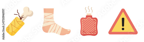Four flat design icons depicting an arm in a cast, a bandaged foot, a hot water bottle, and a warning triangle with an exclamation mark.