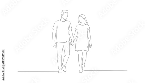 Minimalist Line Drawing Couple Holding Hands Walking Together Illustration Design