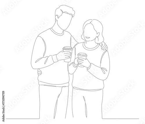 Minimalist Line Drawing Couple Using Smartphone Technology Communication Illustration
