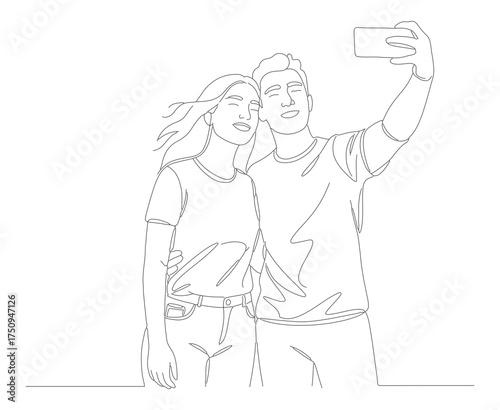 Minimalist Line Art Couple Taking Selfie Together Illustration Graphic