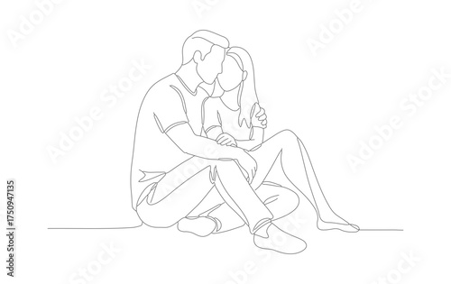 Simple Outline Continuous Line Drawing Couple Sitting Together Silhouette Graphic
