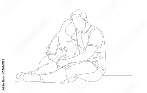 Minimalist Line Drawing Couple Sitting Together Romantic Intimate Moment Illustration