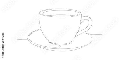 Minimalist Outline Drawing of Ceramic Coffee Cup with Saucer Line Art