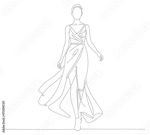 Minimalist Outline Standing Woman in Elegant Dress Fashion Illustration