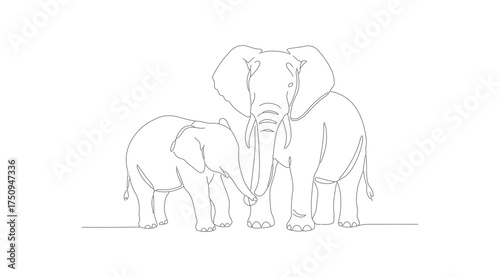 Single Line Art Drawing of an Adult and Baby Elephant Illustration