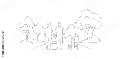 Minimalist Outline Family Holding Hands Walking in Park with Dog Illustration