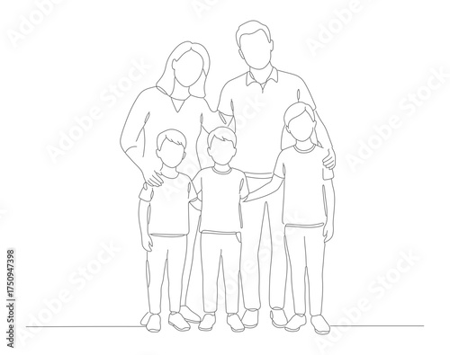 Minimalist Continuous Line Family Portrait with Parents and Three Children