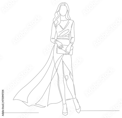 Minimalist Line Art Fashionable Woman in Dress Illustration Silhouette
