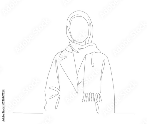 Minimalist Line Art Winter Coat with Hood and Scarf Illustration
