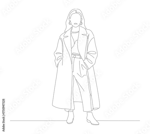 Minimalist Line Art Woman with Long Coat Fashion Illustration
